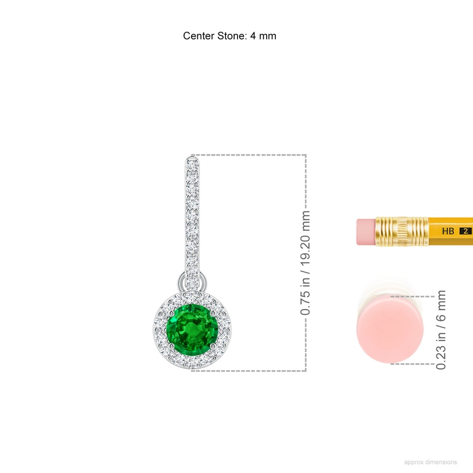 4mm AAAA Round Emerald Dangle Earrings with Diamond Halo in White Gold ruler