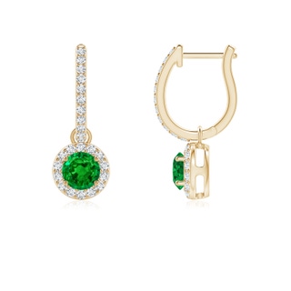 4mm AAAA Round Emerald Dangle Earrings with Diamond Halo in Yellow Gold