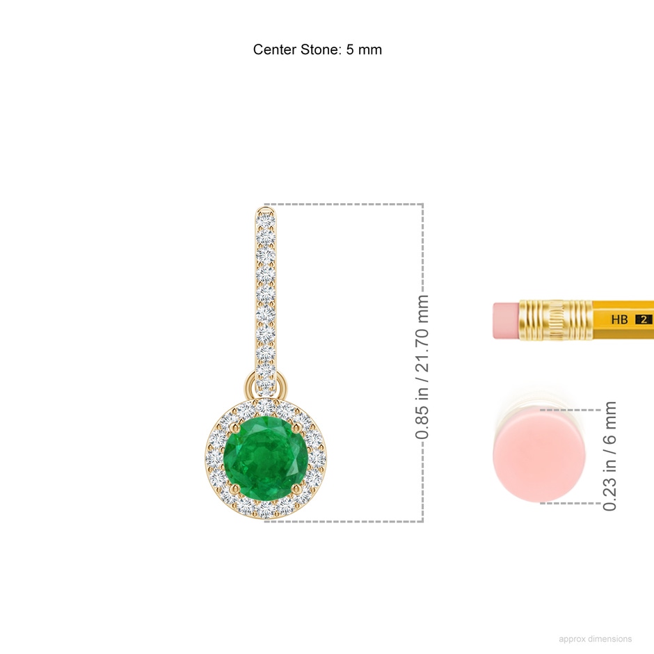 5mm AA Round Emerald Dangle Earrings with Diamond Halo in Yellow Gold ruler