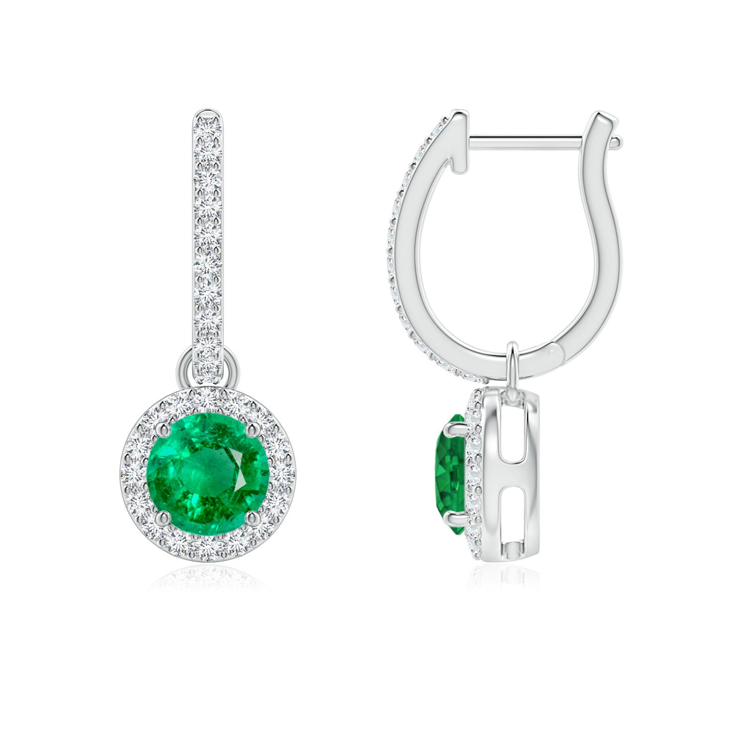 5mm AAA Round Emerald Dangle Earrings with Diamond Halo in 18K White Gold