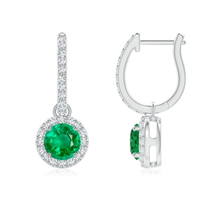 5mm AAA Round Emerald Dangle Earrings with Diamond Halo in P950 Platinum