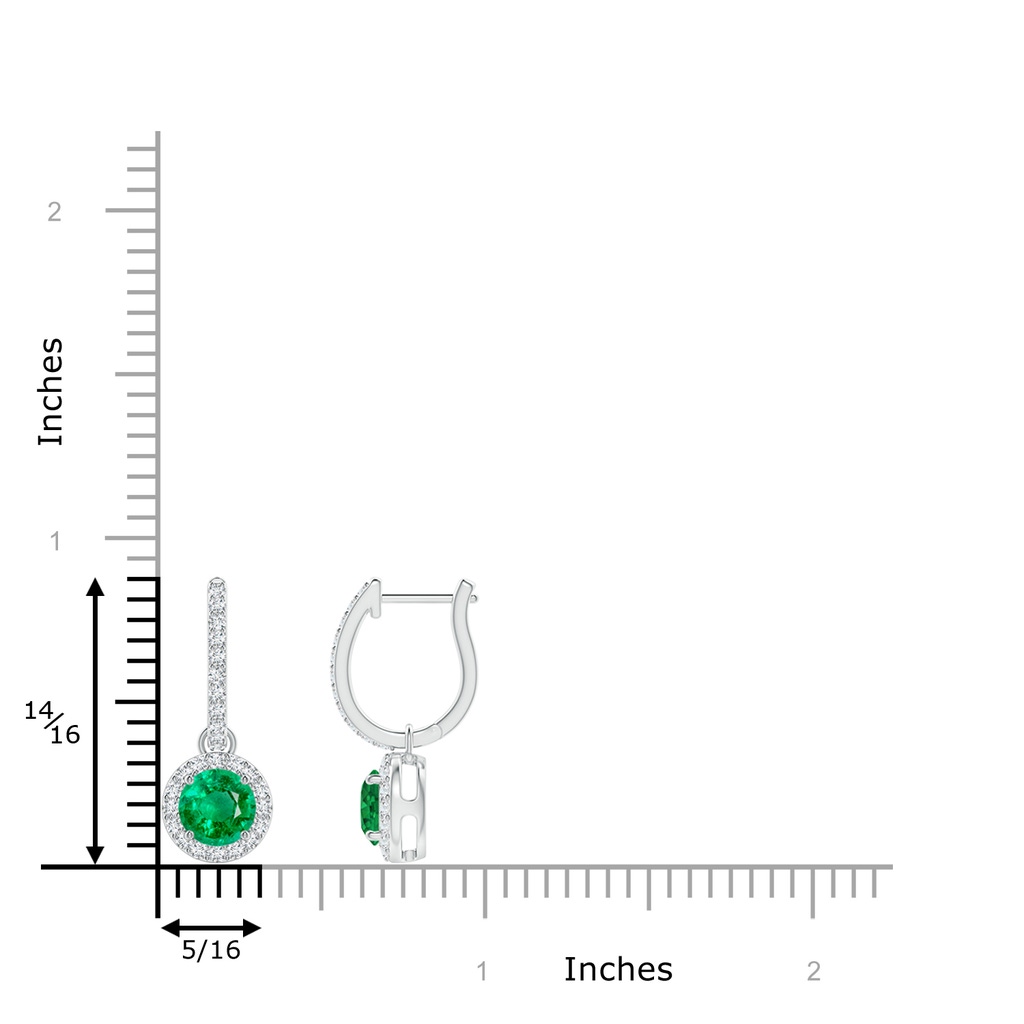 5mm AAA Round Emerald Dangle Earrings with Diamond Halo in White Gold ruler