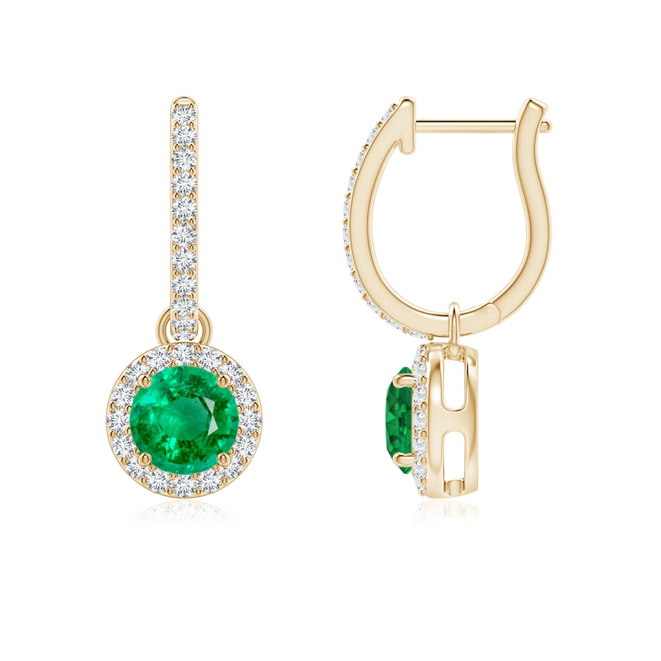 5mm AAA Round Emerald Dangle Earrings with Diamond Halo in Yellow Gold 