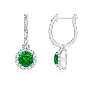 5mm AAAA Round Emerald Dangle Earrings with Diamond Halo in P950 Platinum