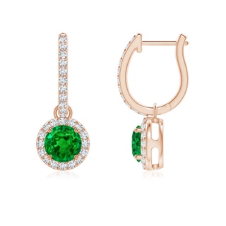 5mm AAAA Round Emerald Dangle Earrings with Diamond Halo in Rose Gold