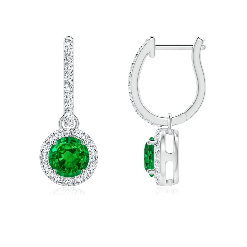 5mm AAAA Round Emerald Dangle Earrings with Diamond Halo in White Gold 