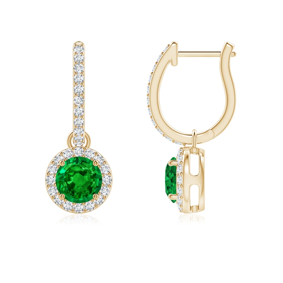 5mm AAAA Round Emerald Dangle Earrings with Diamond Halo in Yellow Gold 