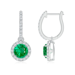 6mm AAA Round Emerald Dangle Earrings with Diamond Halo in P950 Platinum