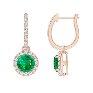 6mm AAA Round Emerald Dangle Earrings with Diamond Halo in Rose Gold