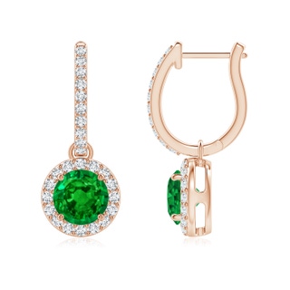 6mm AAAA Round Emerald Dangle Earrings with Diamond Halo in Rose Gold