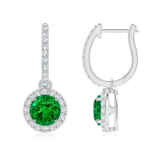 6mm AAAA Round Emerald Dangle Earrings with Diamond Halo in White Gold