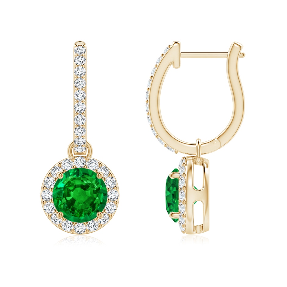 6mm AAAA Round Emerald Dangle Earrings with Diamond Halo in Yellow Gold 