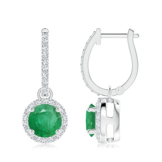 7mm A Round Emerald Dangle Earrings with Diamond Halo in P950 Platinum