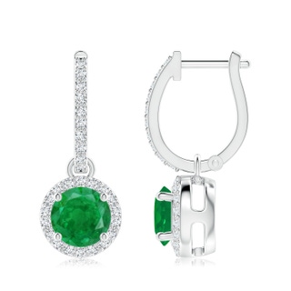 7mm AA Round Emerald Dangle Earrings with Diamond Halo in White Gold