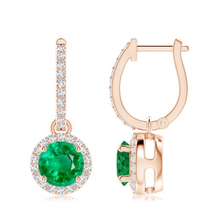 7mm AAA Round Emerald Dangle Earrings with Diamond Halo in 10K Rose Gold