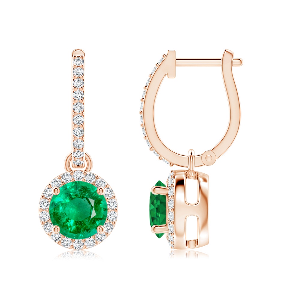 7mm AAA Round Emerald Dangle Earrings with Diamond Halo in 18K Rose Gold 