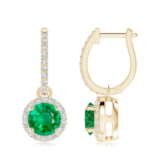 7mm AAA Round Emerald Dangle Earrings with Diamond Halo in 9K Yellow Gold