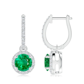 7mm AAA Round Emerald Dangle Earrings with Diamond Halo in P950 Platinum