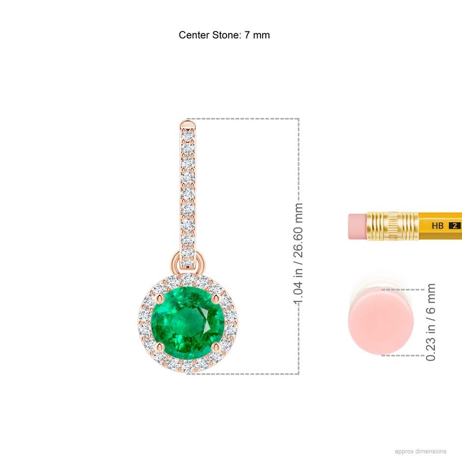 7mm AAA Round Emerald Dangle Earrings with Diamond Halo in Rose Gold ruler