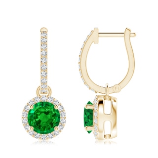 7mm AAAA Round Emerald Dangle Earrings with Diamond Halo in 10K Yellow Gold