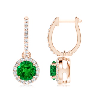 7mm AAAA Round Emerald Dangle Earrings with Diamond Halo in 18K Rose Gold