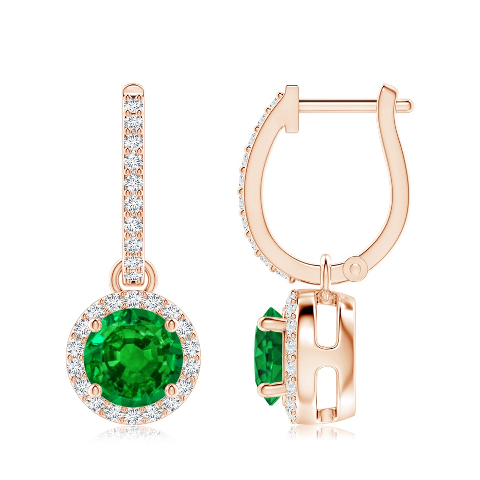 7mm AAAA Round Emerald Dangle Earrings with Diamond Halo in Rose Gold 