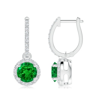 7mm AAAA Round Emerald Dangle Earrings with Diamond Halo in White Gold