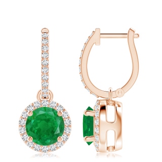 8mm AA Round Emerald Dangle Earrings with Diamond Halo in Rose Gold