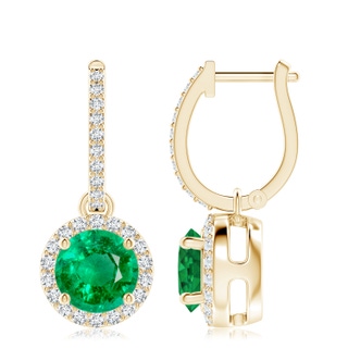 8mm AAA Round Emerald Dangle Earrings with Diamond Halo in 10K Yellow Gold