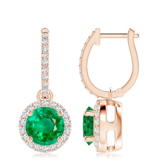 8mm AAA Round Emerald Dangle Earrings with Diamond Halo in 18K Rose Gold