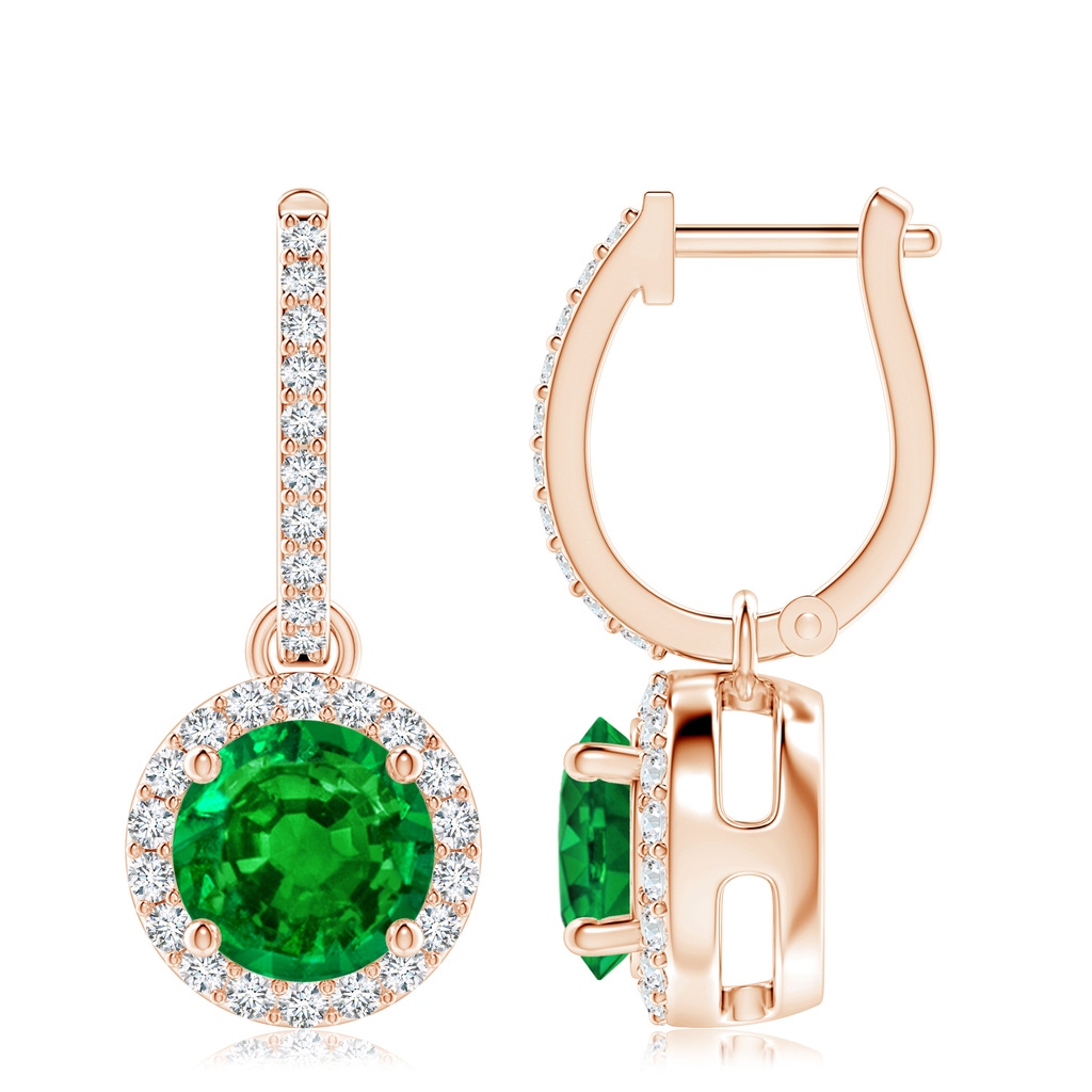 8mm AAAA Round Emerald Dangle Earrings with Diamond Halo in 10K Rose Gold