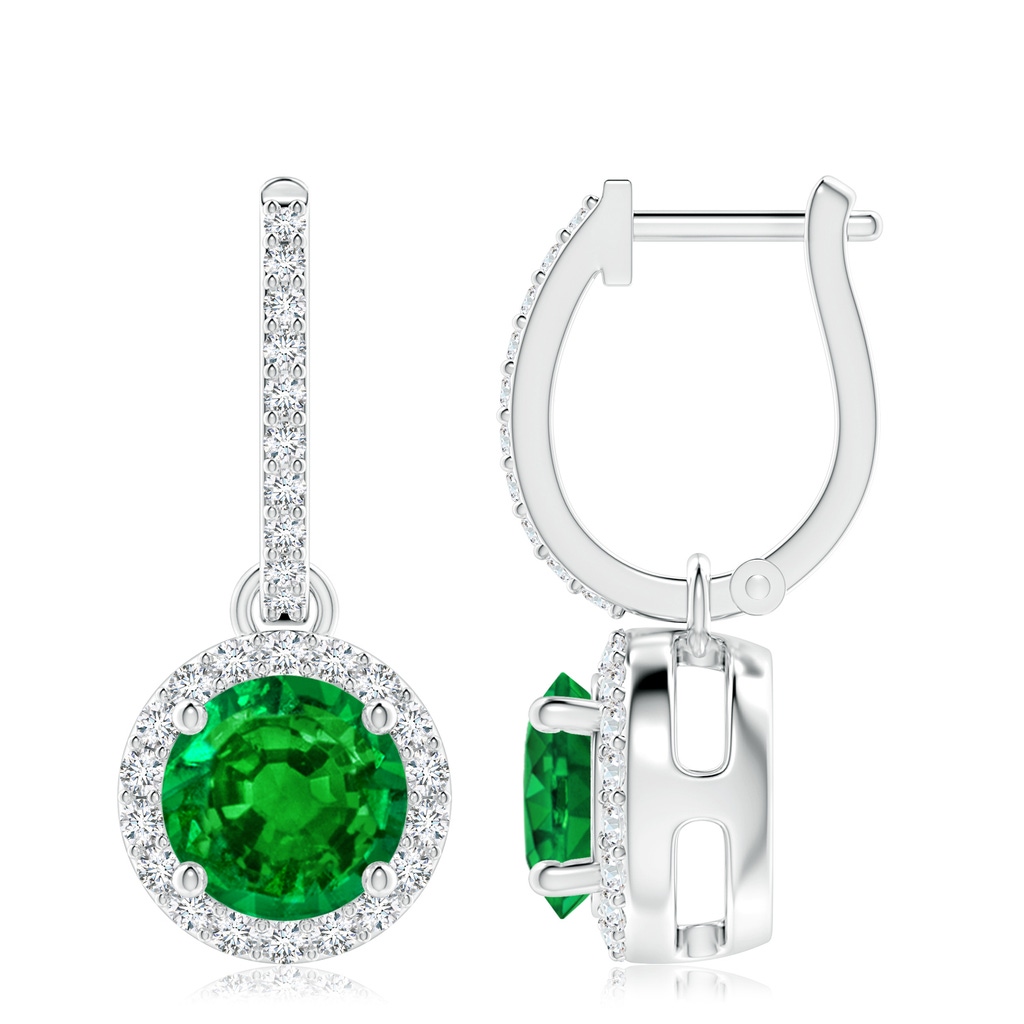 8mm AAAA Round Emerald Dangle Earrings with Diamond Halo in P950 Platinum