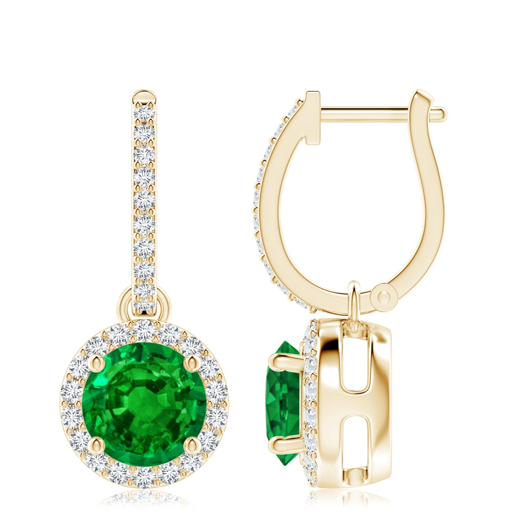 8mm AAAA Round Emerald Dangle Earrings with Diamond Halo in Yellow Gold