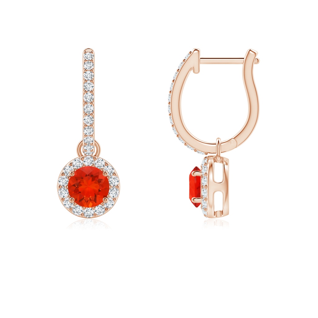 4mm AAAA Round Fire Opal Dangle Earrings with Diamond Halo in Rose Gold