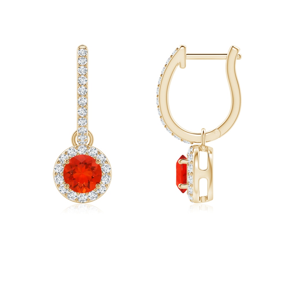 4mm AAAA Round Fire Opal Dangle Earrings with Diamond Halo in Yellow Gold