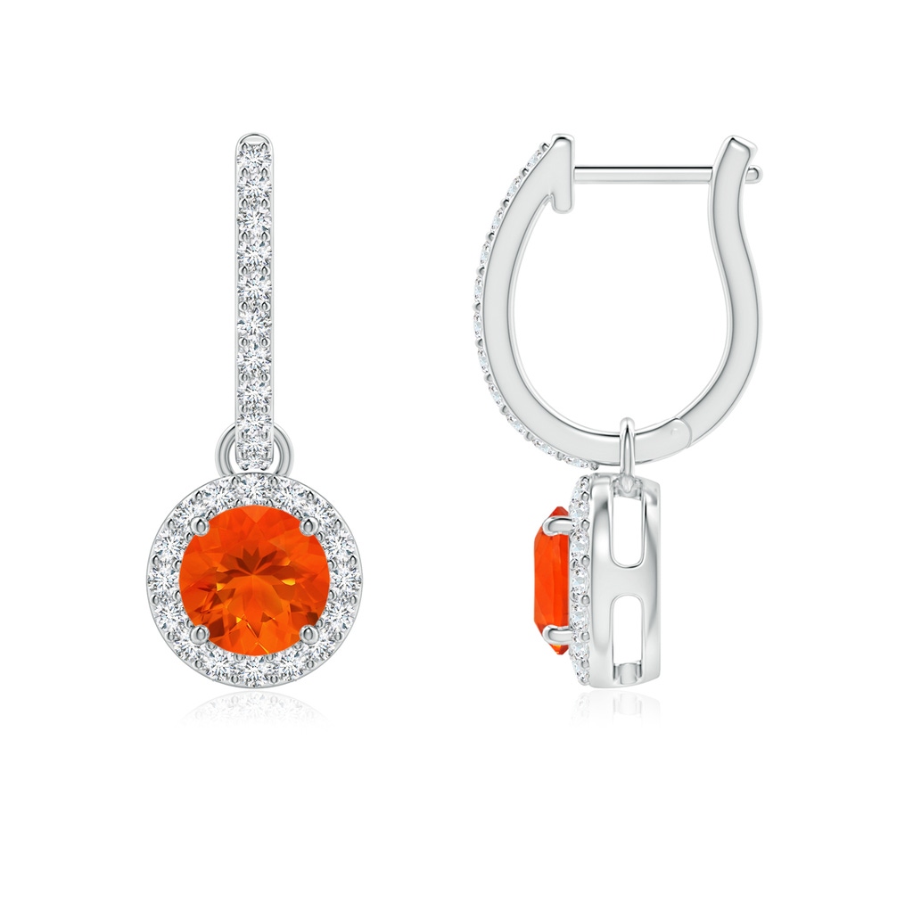 5mm AAA Round Fire Opal Dangle Earrings with Diamond Halo in White Gold