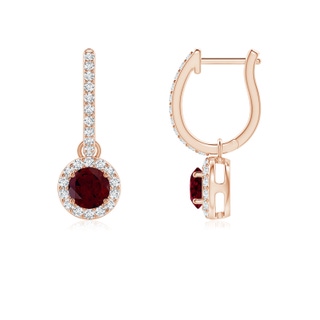 4mm A Round Garnet Dangle Earrings with Diamond Halo in Rose Gold