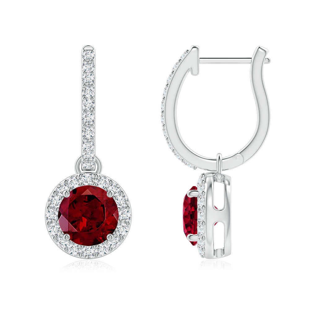 6mm AAA Round Garnet Dangle Earrings with Diamond Halo in White Gold