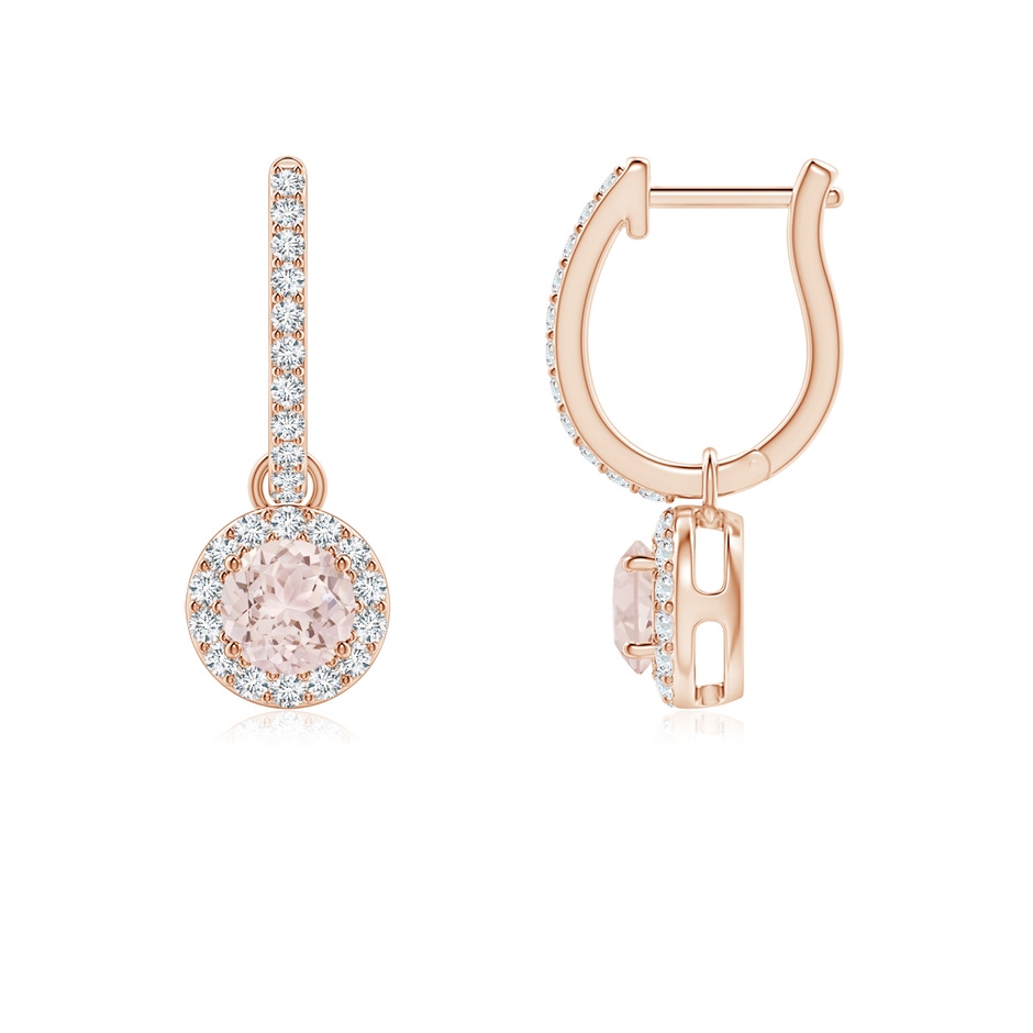 4mm A Round Morganite Dangle Earrings with Diamond Halo in Rose Gold 