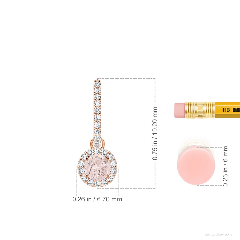 4mm A Round Morganite Dangle Earrings with Diamond Halo in Rose Gold ruler