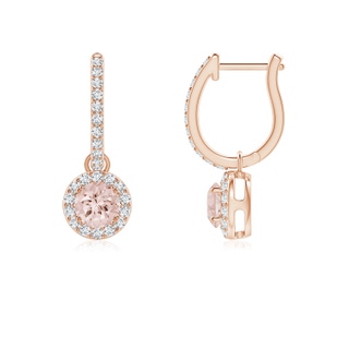 4mm AA Round Morganite Dangle Earrings with Diamond Halo in Rose Gold