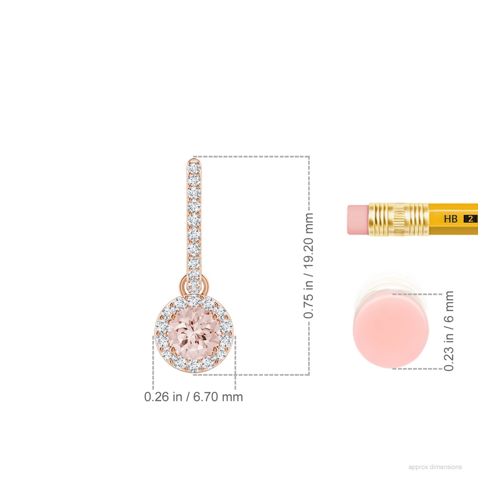 4mm AA Round Morganite Dangle Earrings with Diamond Halo in Rose Gold ruler
