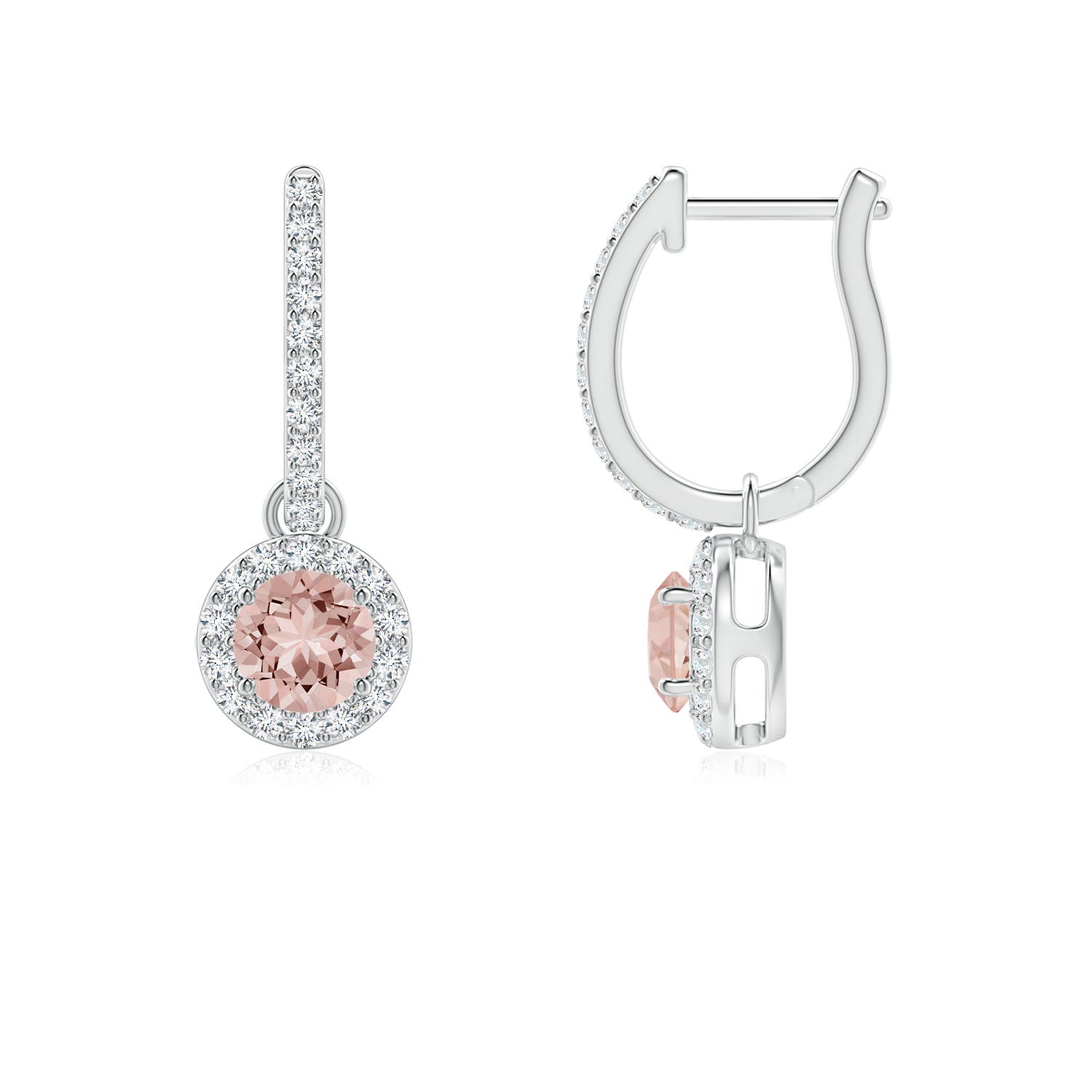 4mm AAAA Round Morganite Dangle Earrings with Diamond Halo in P950 Platinum