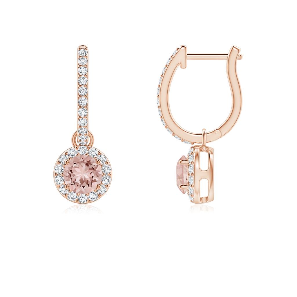 4mm AAAA Round Morganite Dangle Earrings with Diamond Halo in Rose Gold