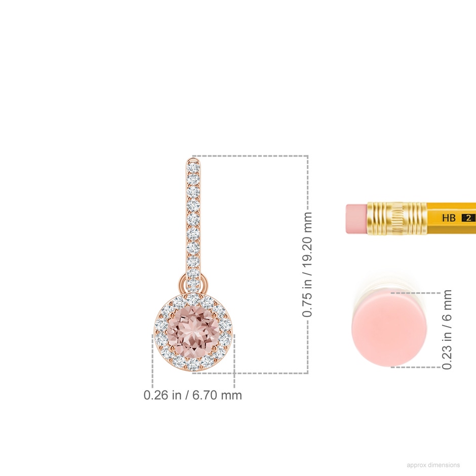 4mm AAAA Round Morganite Dangle Earrings with Diamond Halo in Rose Gold ruler