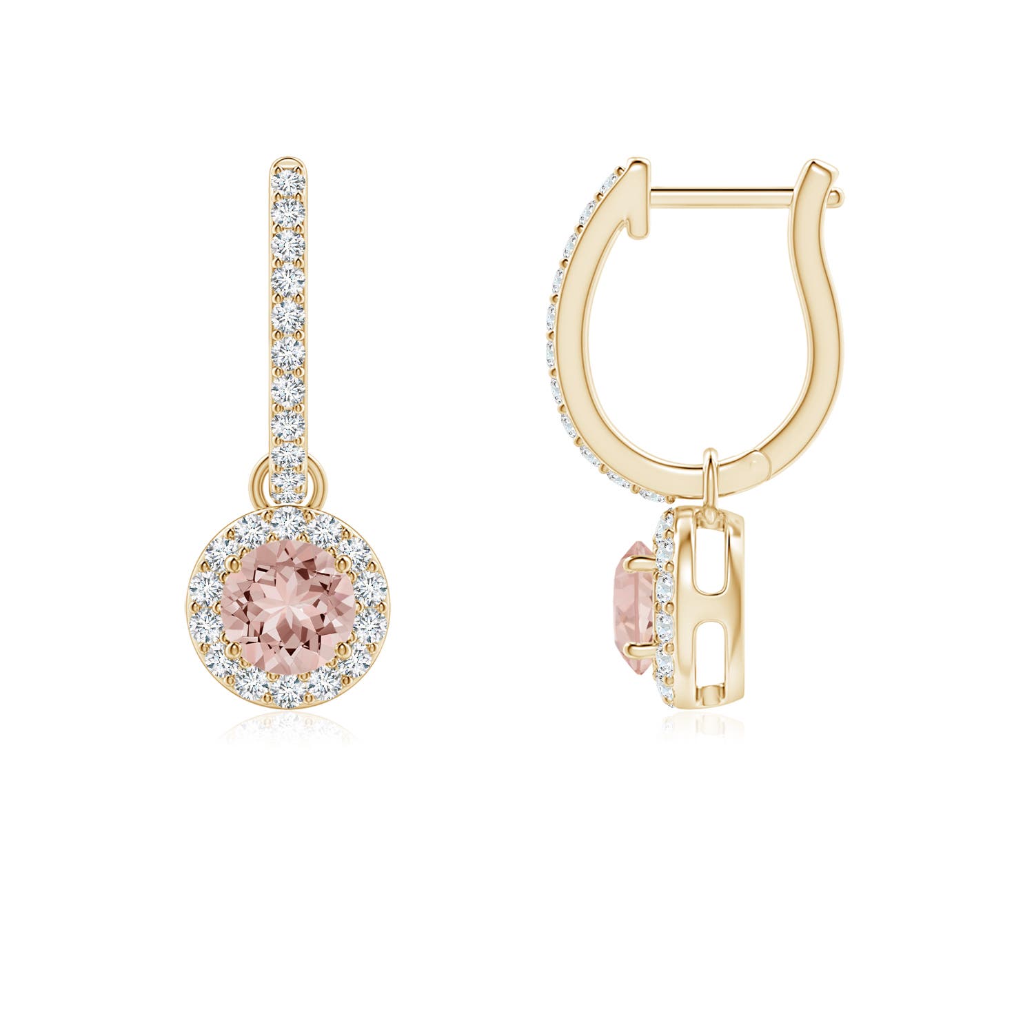 4mm AAAA Round Morganite Dangle Earrings with Diamond Halo in Yellow Gold