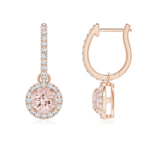 5mm AA Round Morganite Dangle Earrings with Diamond Halo in 9K Rose Gold