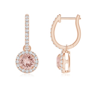 5mm AAAA Round Morganite Dangle Earrings with Diamond Halo in 10K Rose Gold