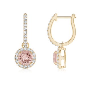 5mm AAAA Round Morganite Dangle Earrings with Diamond Halo in Yellow Gold