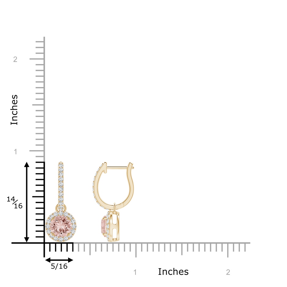 5mm AAAA Round Morganite Dangle Earrings with Diamond Halo in Yellow Gold ruler